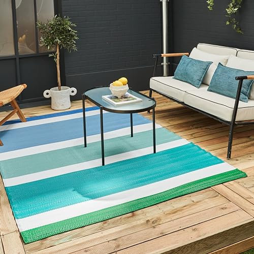THE RUGS Rainbow Collection Outdoor Rug - Easy to Clean, Waterproof Plastic Outdoor Rugs for Garden, Patio, Balcony, Camping - Vibrant Plastic Straw Rug - Striped Blue, 150x220