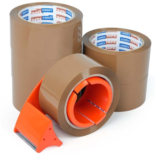 ADHES 6 x Rouleau Ruban adhésif d'emballage brun, 48mm x 50m ruban transparent brun avec Cutter, carton pour le transport et le déplacement