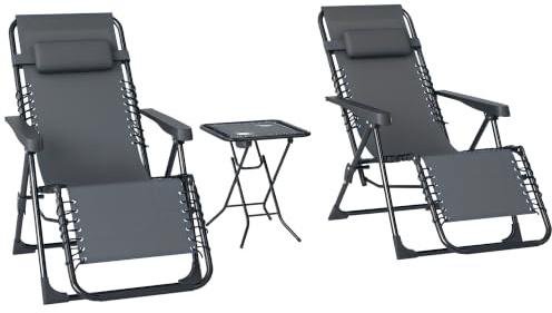 Outsunny Lot de 2 Chaise Longue Jardin Gravité Zéro Table d'Appoint Gris