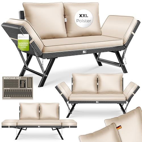 KESSER® Gartenbank Polyrattan Luna mit Liegefunktion Gartensofa 4 in 1 Verstellfunktion Gartencouch Wetterfest Balkonsofa Verstellbare Armlehnen, Extra Dicke & Weiche Polsterung Garten/Balkon/Terrasse