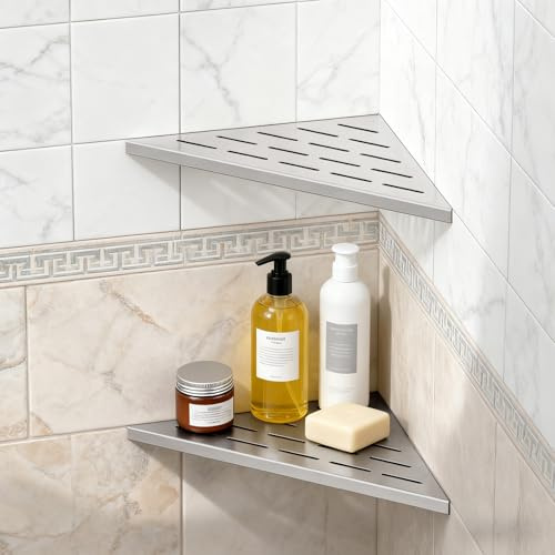BWE 10 Shower Corner Shelf, 304 Stainless Steel Shower Shelves, Slot Design Corner Shower Shelf, Recessed Bathroom Storage Organizer for Tiled Wall,No Drilling Need, Brushed Nickel 2 Pack