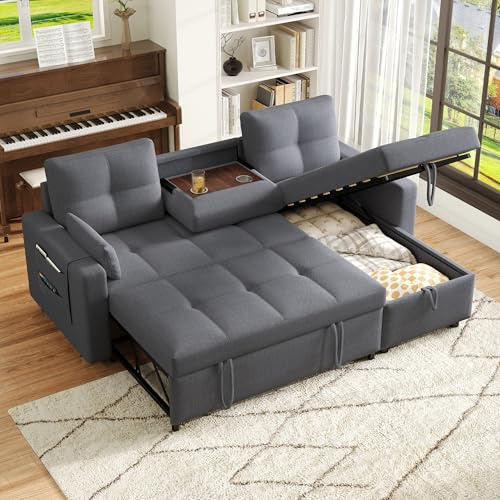 Oxtao Moderno divano a forma di L, divano letto modulare, divano letto estraibile con funzione sleep, dotato di spazio di archiviazione, portabevande estraibile, tessuto di lino (grigio)