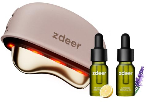 ZDEER LED Red Light Therapy Face & Neck Massager, Electric Heated Gua Sha Facial Sculpting Tool with Vibration, Skin Firming & Lifting Skincare Device, Pink, Includes 2 × 10ml Massage Oil