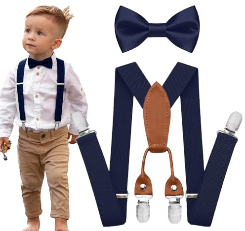 Vexadrix 4-Clips Kids Suspenders & Pre-Tied Bow Tie Set Adjustable 27in for 1-8 Years Boys Girls Wedding Birthday Formal Accessories (Navy Blue)