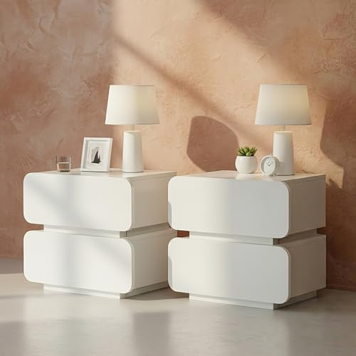 CLIPOP White Bedside Table 2 Drawers with Round Corner & Curved Fronts | Modern Storage Nightstand Cabinet Set of 2 for Indoor Bedroom and Home Office Use