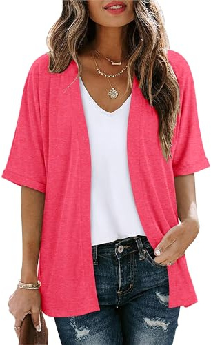 Magritta Lightweight Cardigans for Womens Kimono Casual Loose Short Sleeves Open Front Long Cardigan Sweaters Summer Jacket Boho Beach Cover Ups Watermelon Red X-Large, 18-20