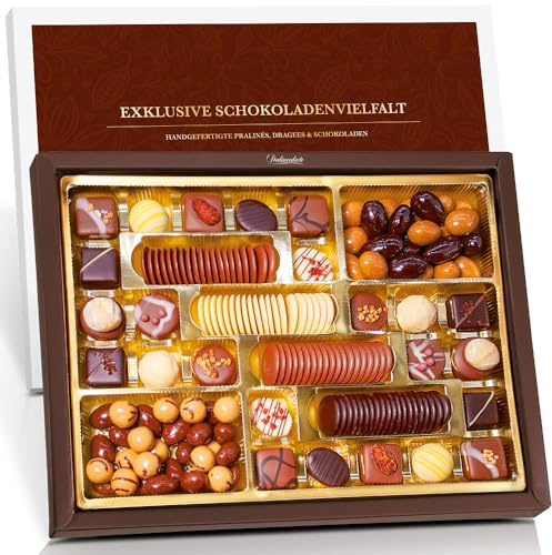 Pralinenbote Genussmanufaktur - Exklusive Schokoladenvielfalt mit 24 handgefertigten Pralinen, 72 feinen Schokoladen und 235 g Schokoladen-Dragees in exklusiver Geschenkbox XXL