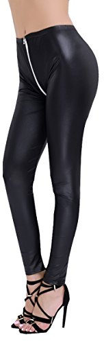 Oyolan Femme Legging Sexy Ouvert Cuir Verni Pantalon Slim Fit Wetlook Legging Pants Clubwear M-XXL Noir M