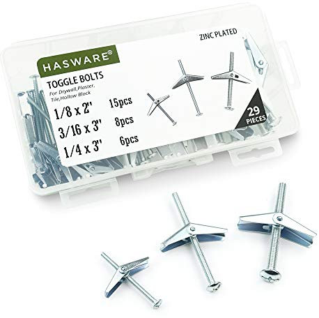 HASWARE Boulon à bascule 29 pièces en acier zingué 1/8, 3/16, 1/4 et kit d'assortiment d'écrous à ailettes pour suspendre des objets lourds sur des cloisons sèches.