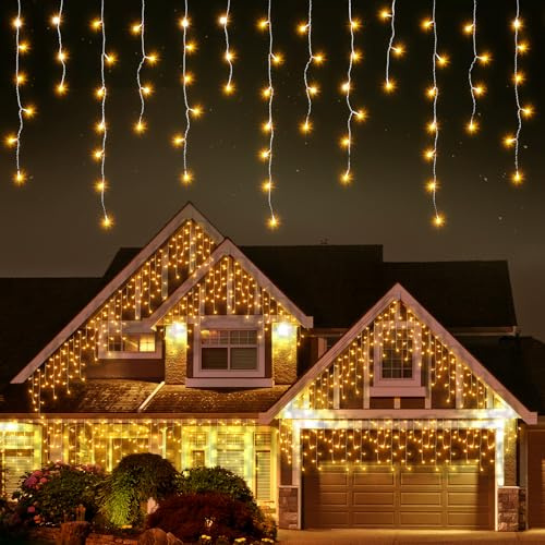 Quntis Ice Rain String Lights Utomhus 10m 400 LED, IP44 Ljusridå Fönster Eldriven, Icicle Julbelysning Inomhus Varmvit, Timer 8 lägen, Expanderbar Juldekoration för Balkong Terrass