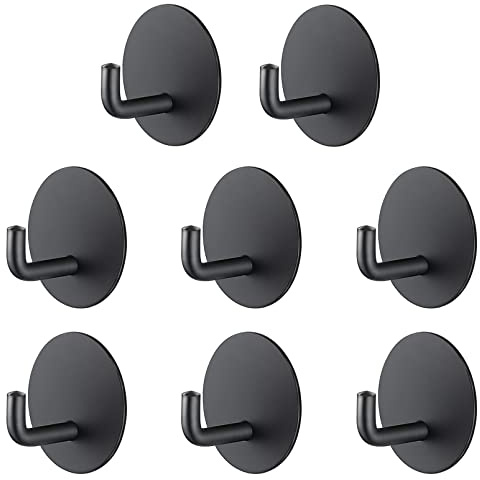 RouMio 8 Piezas Gancho adhesivo impermeable, Gancho de toalla de acero inoxidable 304 para cocina, baño, inodoro.(8 Piezas Negro Redondo)