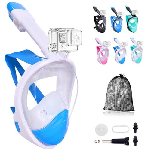 Wsobue Snorkel Mask,Full Face Diving Mask for Adults and Youth Action Camera Compatible Anti-Fog Easy Draining Snorkeling Set (Sky Blue S/M)