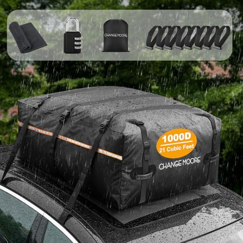 CHANGEMOORE 1000D Car Roof Bag, Tear-Resistant & Waterproof 21 Cubic/594L Roof Bags for Cars with/without Roof Bars, Soft Roof Box with Anti-Slip Mat, 7 Reinforced Straps, 8 Door Hooks, Luggage Lock