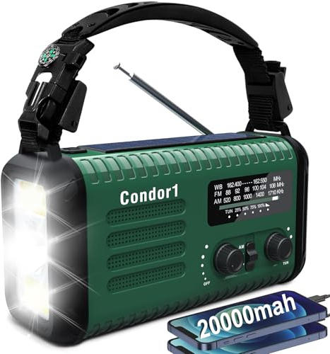 Radio meteorologica di emergenza, 20000 mAh, NOAA/AM/FM, radio a manovella con ricarica USB, alimentazione a batteria ricaricabile, allarme SOS, lampada da lettura a LED e torcia per emergenze, per