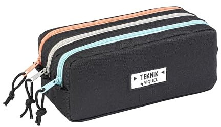 Viquel - Trousse Scolaire Teknik noire pour Enfants - en Polyester 600D Résistant - 3 Compartiments, 3 Zips de couleur et Cordelettes - Patch Décoratif - Noire