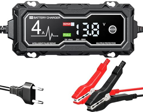 Caricatore per batteria auto, 4 A, 12 V, intelligente, completamente automatico, per auto, moto, camion, barca