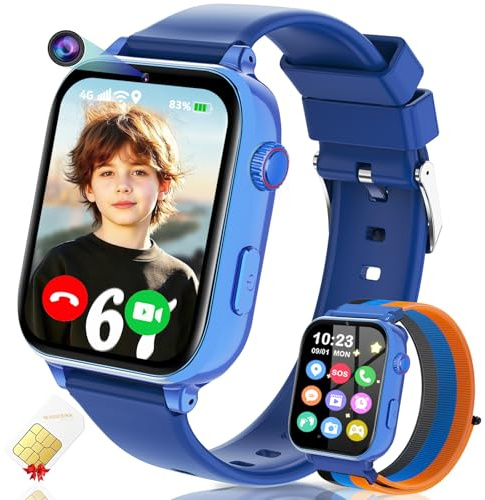 Lurkir 4G Kids Smart Watch GPS Tracker, Smartwatch for Kid with Video Calling, Voice Chat, Class Mode, SOS, Pedometer, Alarm, SIM Card HD Touch Screen Phone Watch Gift for 4-12 Girls Boys, Blue