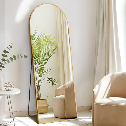 DUMOS Arched Full Length Mirror with Stand Floor Standing Aluminum Frame for Bedroom Body Hanging Leaning Modern Simple Home Decor Shatter-Proorf Nano Glass Wall Living Room Cloakroom Gold 56x15