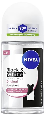 NIVEA - Déodorant Bille Black & White Invisible - Déodorant Femme 72H Anti-Transpirant Aisselles - Protection 5-en-1 Anti-Traces & Irritations - 0% Alcool - Derma Active - Tous Types De Peaux - 50 ml