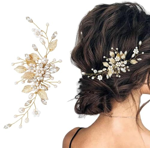 Tocados de Pelo Boda Novia, Oro Peinetas para el pelo Flor, Perla Headpiece Nupcial Cristal Hoja Accesorios para el Cabello, Accesorios Pelo para Mujeres y Niñas