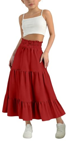 Gonne a più strati con volant per ragazze coulisse in vita alta gonna a-line midi estive in cotone lino boho casual swing fluente lunga gonna maxi per la scuola, Rosso, 5-6 Anni