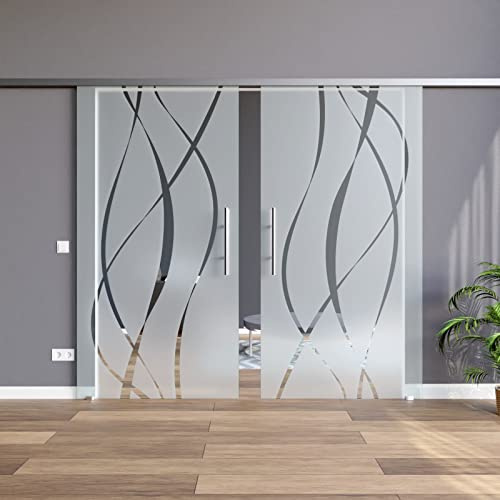 BM6-775-420-AS-DPL: Schiebetürsystem doppelflügelig ESG 2x775x2050x8mm Dekor M6, Siebdruck; Schienensystem ALU SlimLine SoftStop; Griffstange rund 420