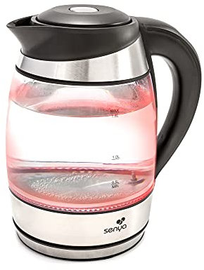 Senya SYBF-K011 bouilloire électrique température réglable Tea Colours avec filtre anticalcaire et sans fil avec corps en verre et éclairage intérieur LED avec couleurs 1,8L 2200W