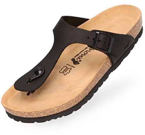 BOnova Ibiza. Chanclas de dedos en 21 colores y muchos tamaños - con plantilla anatómica de corcho. Una sandalia fabricada en pequeñas fábricas de la UE., Cuero auténtico negro, 43 EU