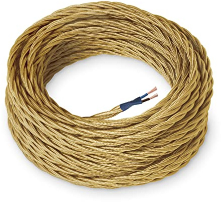 Amarcords - Cavo elettrico tessile colore ORO, trecciato, seta, 5 metri, a 2 conduttori 2x0,75 - Filo rivestito in tessuto colorato vintage per lampade lampadari applique e abat jour.