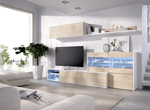 CAESAROO Parete attrezzata porta Tv 260 cm Grace Bianco lucido e Rovere Naturale - Bianco e Naturale