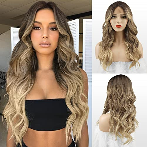 FESHFEN Lange Wellig Perücken Ombre Blond Mix Braun, Lace Front Perücke Mittelscheitel Frauen Synthetik Haar Wellen Lange Wig Natürliche Gewellte Perücken für Damen 65 cm