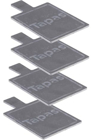 Marrakech Elegante juego de 4 tablas para servir de pizarra de 19 x 14 cm, redondas, con diseño de tapas y asa práctica, perfecta para tapas y aperitivos