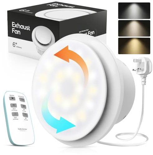 SLUELI 150mm 6 Bathroom Extractor Fan with 3 LED Lights,Upgraded 2 Way/2 Speed Ventilation Fan with Remote,8W Energy Saving Exhaust Fan,Easy Install on Wall Window Ceiling in Bathroom Kitchen Garage