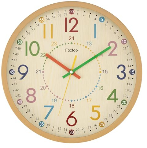 Foxtop 24 Hour Kids Wall Clock 12 Inch, Silent Non-Ticking Analogue Teaching Clock for Children, Colourful Educational Learning Clock with Wood Grain Frame for Classroom Playroom Nursery Bedroom Decor