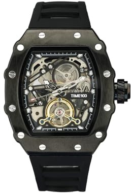 TIME100 automatik Uhr Herren,Wasserdicht Leuchtzeiger Pilot Serie Angel Wing Business Schwungrad Uhr,mechanisches Uhrwerk Herren Armbanduhren Leder/verstellbares Silikonarmband Skelett,Schwarz