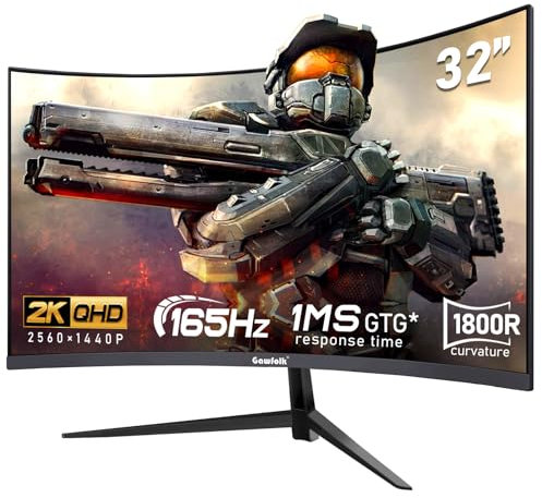 Gawfolk 32-inch PC screen,2K WQHD(2560×1440P),165Hz curved Gaming Monitors, 1ms,FreeSync, 100% sRGB,178° wide viewing angle,HDMI、DisplayPort, Compatible with Wall-Mounted VESA100*100MM - Black