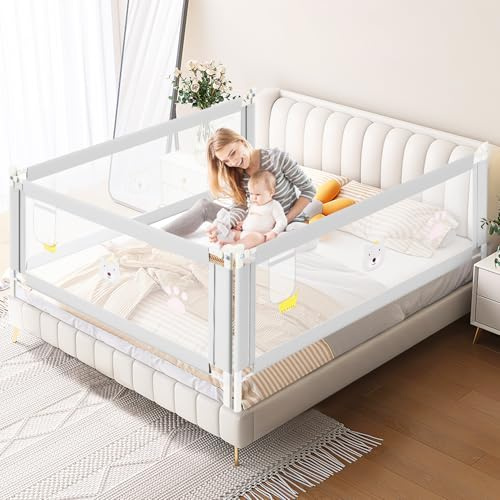 Ikodm Barrera de cama de 200 cm x 2 + 180 cm x 1, protección contra caídas para camas Boxspring, protector de cama para niños y camas de matrimonio, altura ajustable de 70-98 cm, gris