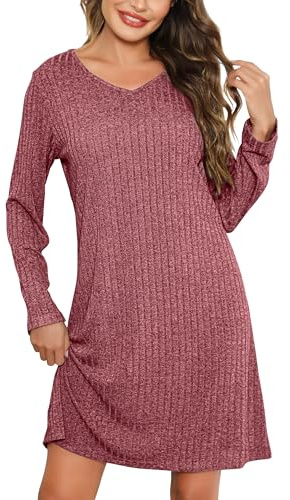 Lovasy Camicia da Notte Donna Inverno Camicia da Notte a Maniche Lunghe in Maglia a Coste Sottoveste Caldo con Scollo a V Morbido Pigiama Lungo Vestaglie per Casa e Casuale,A Rosso,M