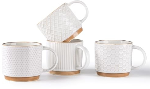 GBhome 6OZ Stackable Coffee Mugs, Ceramic Coffee Mugs with Texture Patterns for Man,Woman,Dad,Mom, Modern Coffee Cups Set of 4 for Espresso/Cappuccino. Dishwasher&Microwave Safe