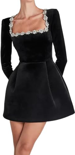 Women's Elegant Velvet Dress Long Sleeve Square Neck Pearl A Line Flowy Bridesmaid Cocktail Party Midi Dresses Black