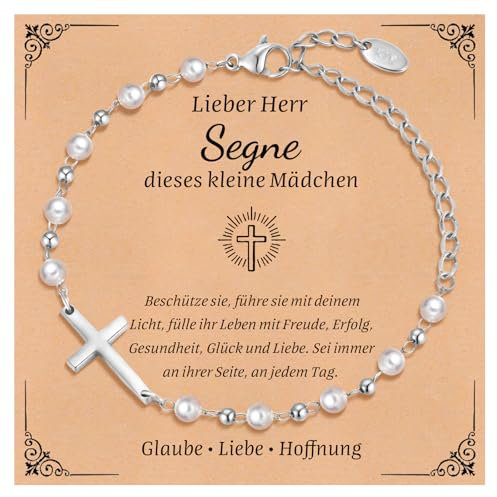 Kommunion Geschenke für Mädchen Kreuz Armband - Perle Armbänder mit Kreuz für Kinder, Silber Kinderarmband für Tauf Firmung Geburt Taufgeschenk Erstkommunion Konfirmation Geschenke für Mädchen
