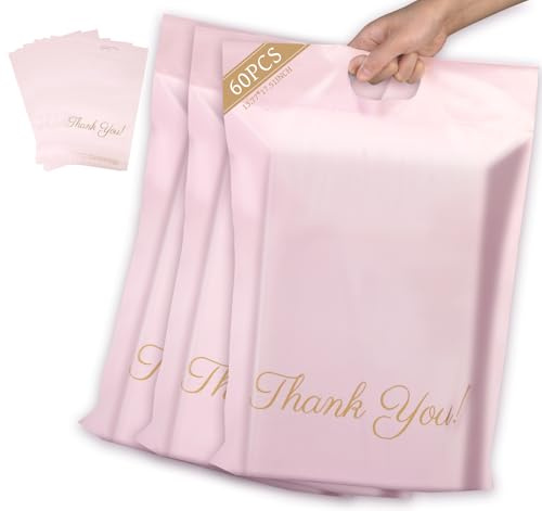 Mailing Bags, 60pcs Rose-Gold Poly Mailers 13x17 Inch(350 x 450mm) with Handle and “Thank You” Self Seal Waterproof Envelope Shipping Bags for Assorted Post Shipping Parcels Package Bag