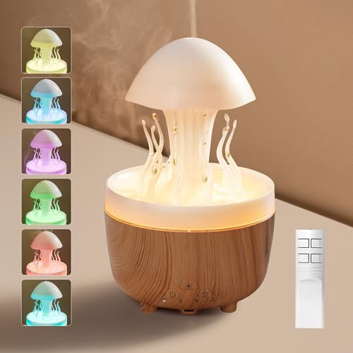 Foyucool Umidificatore Nuvola di Pioggia, 300ml Diffusore Ambiente con Luce a 7 Colori, Temporizzazione 2/4/8H e Auto-Off Senza Acqua, Simulare Pioggia e Autorotazione, Umidificatore Ambiente, Legno