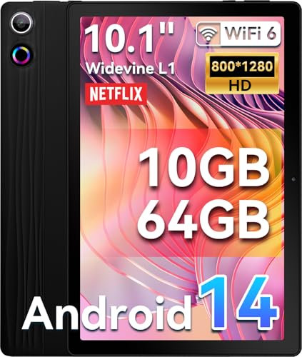 ryesug Tablet 10 Inch, Android 14 Tablet 10GB RAM + 64GB ROM TF 1TB Expand, Widevine L1, WiFi6, BT5.3, 5MP+8MP Camera, 5000mAh, Facial Recognition, Dynamic Halo, Black