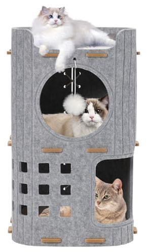 Cueva para Gatos, Cama para Gatos De Interior, Cueva Estable Fieltro De 3 Capas, Diseño De Gato Grande con Bola Esponjosa Colgante Y Alfombra para Rascar,35 X 35 X 60cm