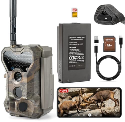 GardePro X70 Pro Camara Fototrampeo 4G LTE con Transmisión en Vivo y GPS, Batería de 7800 mAh y Tarjeta SD de 64 GB, 48MP 1296P Cámara Caza, IP66 Cámara Fototrampeo con Envío al Móvil