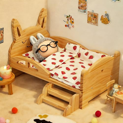 Wooden Bed Set for Labubu Doll, Accessories Include Side Ladder Mattress Pillow Blanket Strawberry Patterns, Dollhouse Furniture Decor for Room Collection