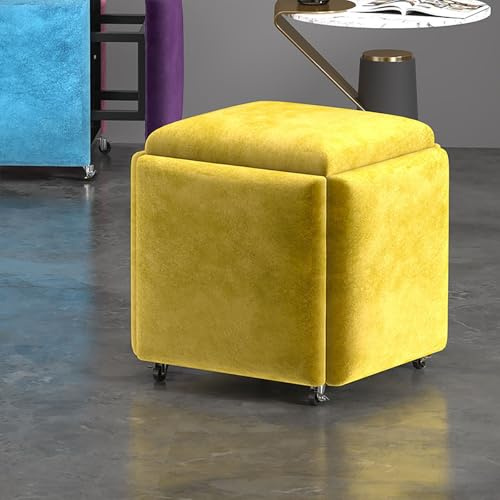 Cubo de Asiento Taburete apilable amarillo 5 en 1 con ruedas giratorias, taburete convertible para sala de estar, dormitorio y oficina, 35 x 35 cm, solución de asiento multifuncional