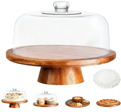 Risirica Acacia Wood Cake Stand with Lid,12in Round Dessert Table Display Set,Multi-Functional Cake Display Stand with Dome for Weddings, Parties,Dessert display