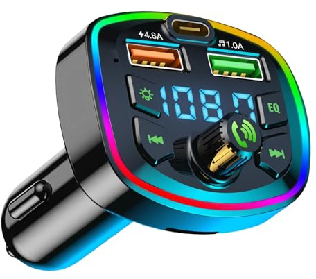 Transmetteur FM Bluetooth Voiture, Audio Stéréo & Appels Mains Libres, Charge Rapide USB et Type C, Transmetteur FM Lecteur MP3 Adaptateur Radio sans Fil Kit